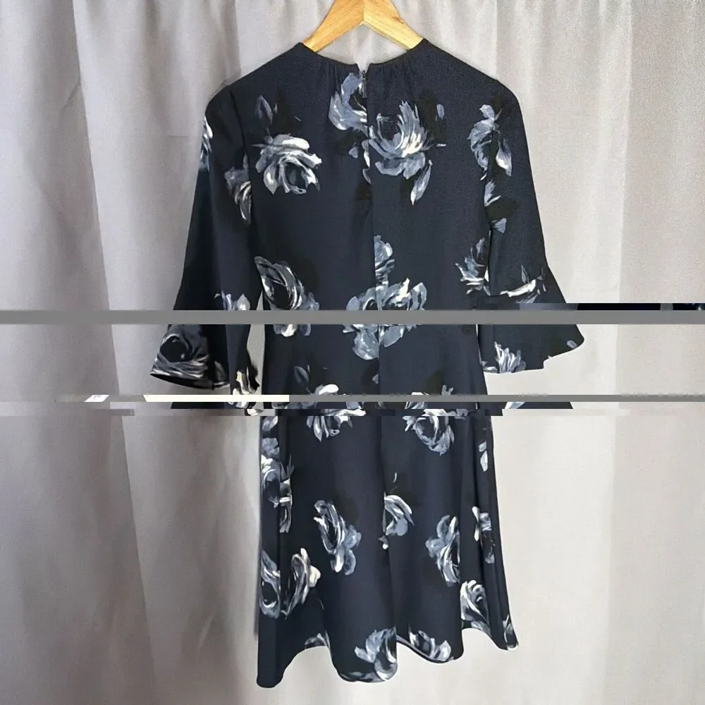Kate Spade Dress Women’s Size 0 Blue Floral Rose  A Line 3/4 Bell Sleeve